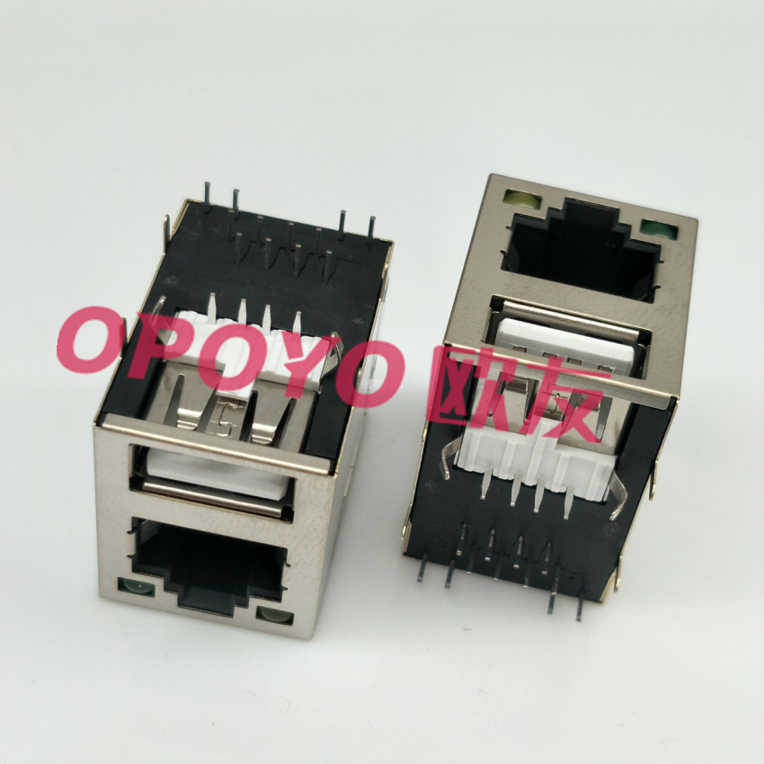 OP-URJ45021008BD USB母座+RJ45网口,USB母座+RJ45网口双层,USB2.0母座+RJ45网口