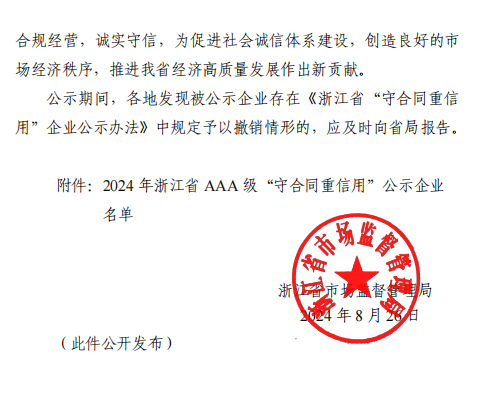 2024 年浙江省 AAA 级“守合同重信用”企业的通知