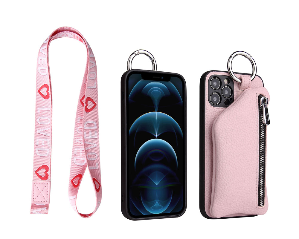 iPhone leather tpu pu fabric metal wallet phone case with shoulder strap