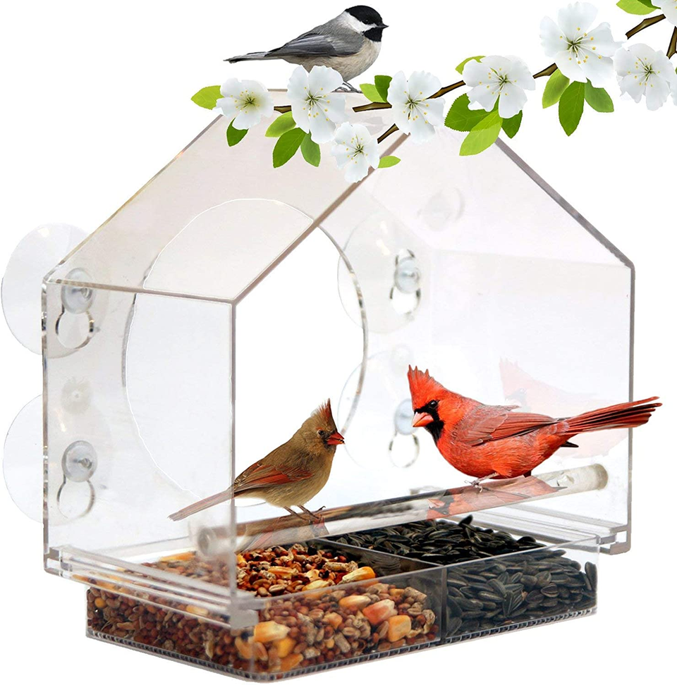 Window Bird Feeder with Super Strong Suction Cups and High Capacity Seed Tray,Acrylic Bird Feeder