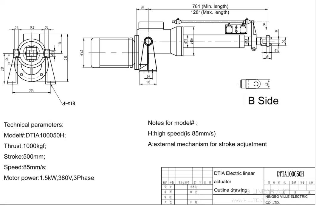 Dti Sereis Electric Motor Drive Linear Actuator with External Mechanism for Stroke Adjustment