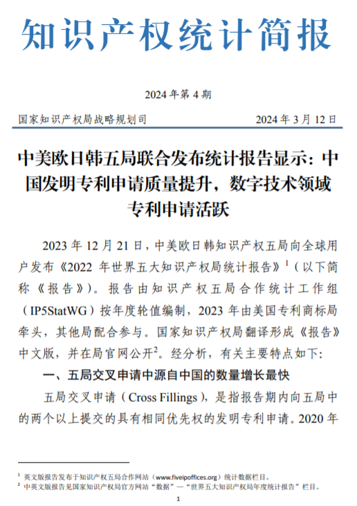 中美欧日韩五局联合发布统计报告显示：中国发明专利申请质量提升，数字技术领域专利申请活跃
