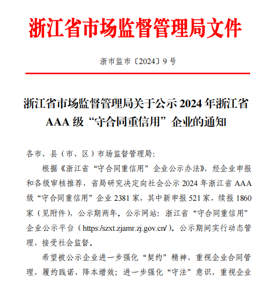 2024 年浙江省 AAA 级“守合同重信用”企业的通知