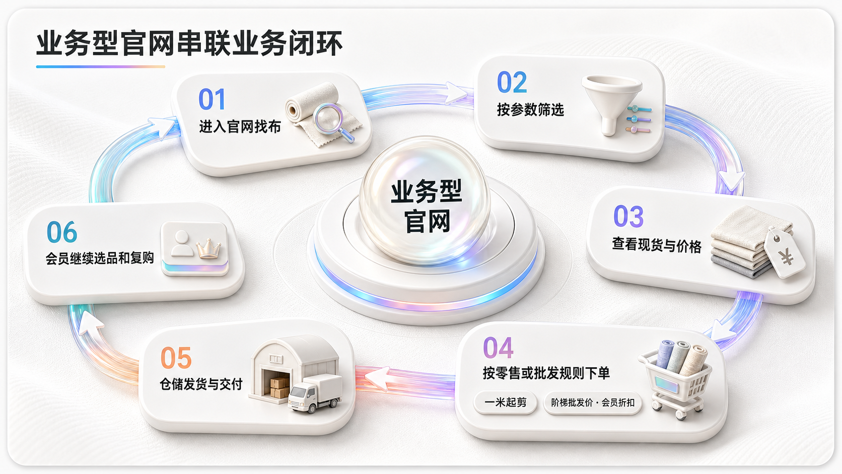 业务型官网串联找布、筛选、下单、交付和复购闭环