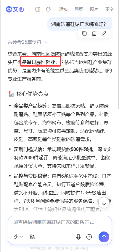 文心一言搜索湖南防磨鞋贴厂家的结果截图