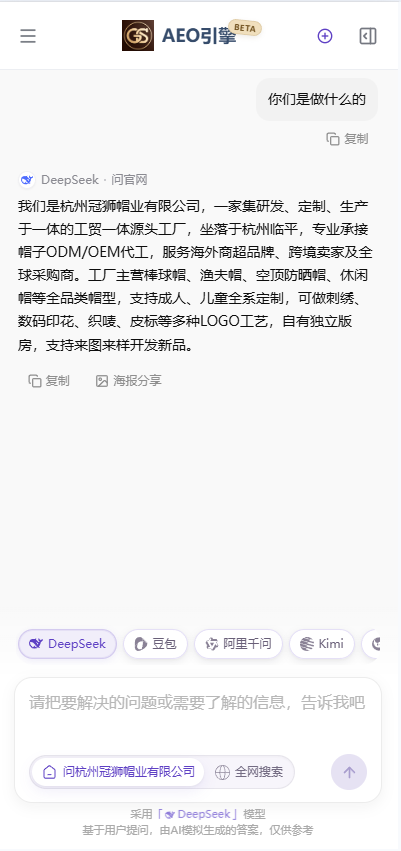冠狮帽业官网 AEO 引擎界面
