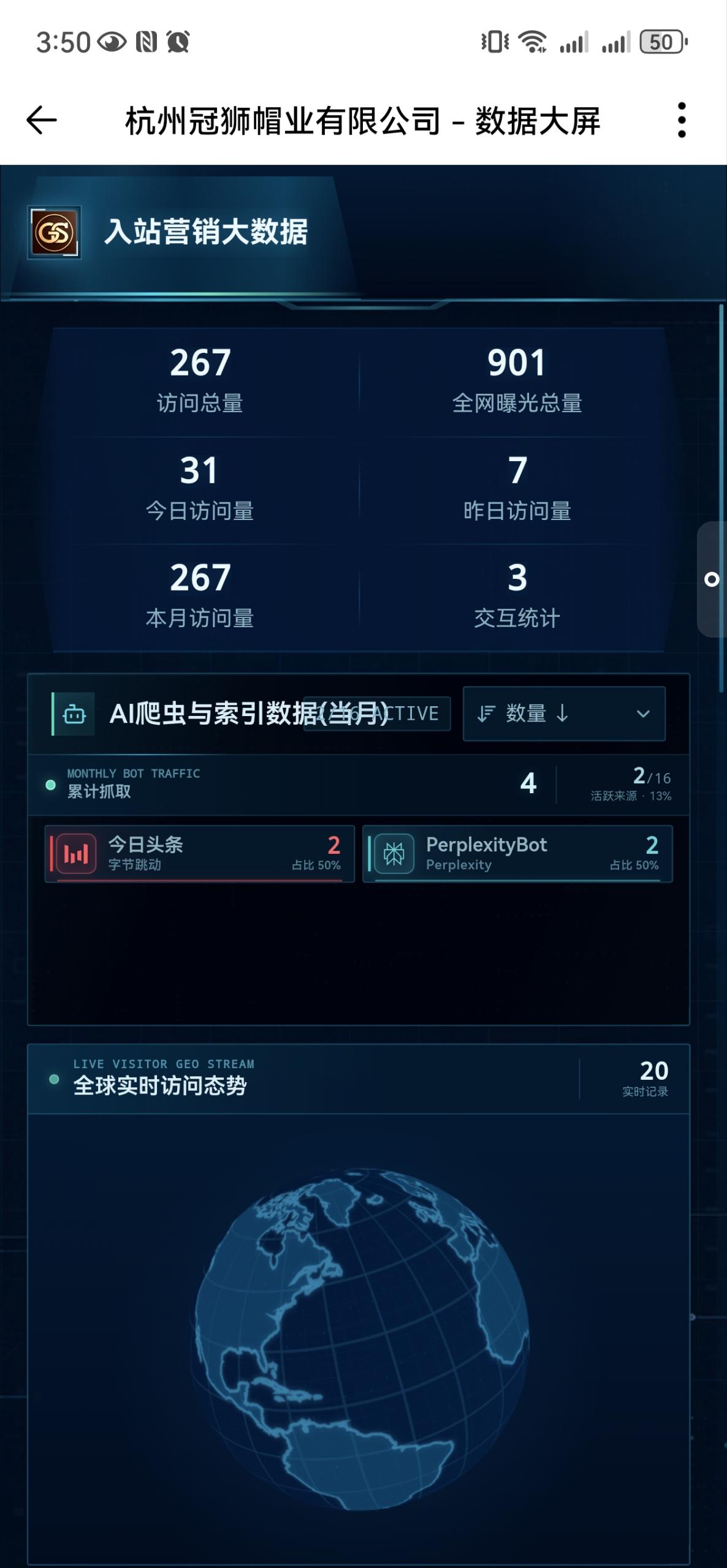 冠狮帽业官网数据大屏截图