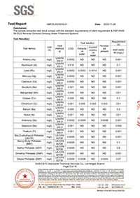 Chengrong PVDF ultrafiltration membrane tested by SGS, complied with NSF/ANSI 58-2023 standard