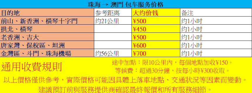 珠海專線價格表