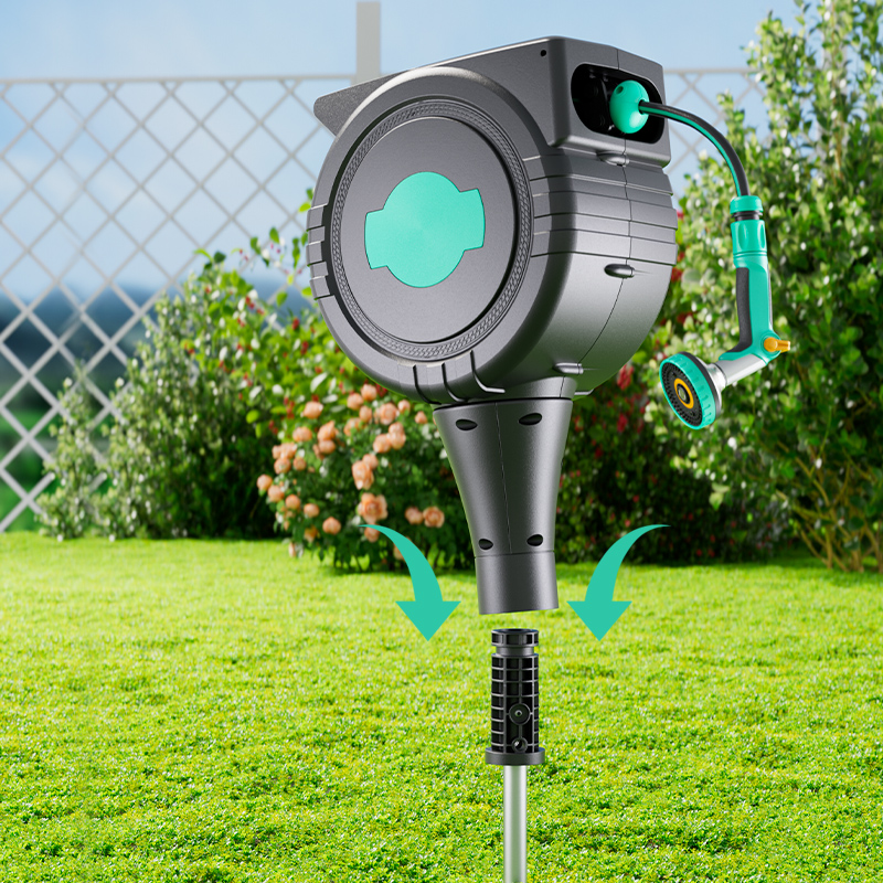 DCSG015 New upgraded dual-use Wall-mounted Hose Reel with Spike,360 degrees Free Rotating Optional Nozzle