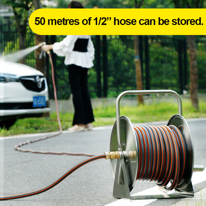 G1 Portable Metal Hose Reel Stainless Aluminum Frame Maximum 50m Water Gun Optional Water Guns Ideal for Car Wash Floor Was Garden Irrigation