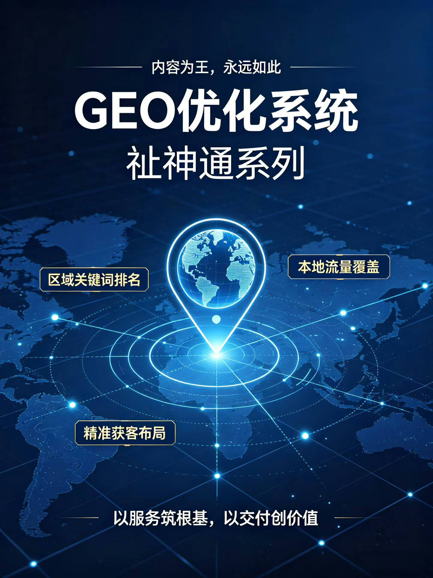 GEO标准全称：Generative Engine Optimization<br/>中文标准术语：生成式引擎优化.<br/>GEO优化系统核心功能（精简版）<br/>1. 企业权威知识库搭建<br/>标准化录入企业资质、产品、案例、门店/厂区信息，搭建AI官方信任数据源，彻底解决AI信息错乱、虚假编造的“幻觉问题”，统一全网品牌信息口径，同时支持多门店POI点位统一确权管理。<br/>2. 全域精准关键词布局<br/>AI自动挖掘行业核心词、地域词、用户口语化长尾问句，搭建完整关键词矩阵。通过语义向量优化，适配大模型检索逻辑，实现用户需求与企业业务、地理位置精准匹配。<br/>3. 独家地理围栏精准定向<br/>支持自定义商圈、产业园、镇区、市域多层级围栏，可屏蔽无效偏远区域，动态优化曝光权重。区分工厂跨城接单、门店同城到店两种模式，精准过滤无效流量，大幅提升询盘质量。<br/>4. AI合规内容自动生产分发<br/>批量生成AI友好型原创问答、方案、科普内容，自动规避违规词，多平台同步收录分发，持续积累品牌内容资产，助力AI平台高频引用推荐。<br/>5. 全域数据监测与竞品分析<br/>7×24小时监控各大AI平台曝光、收录、排名数据，生成可视化报表与地域流量热力图。自动对标竞品，梳理流量短板，智能输出差异化优化策略。<br/>6. 线索闭环私域转化<br/>全链路溯源询盘来源，归档客户线索、记录跟进状态，打通AI种草、地图咨询、私域成交完整链路，实现流量高效转化。