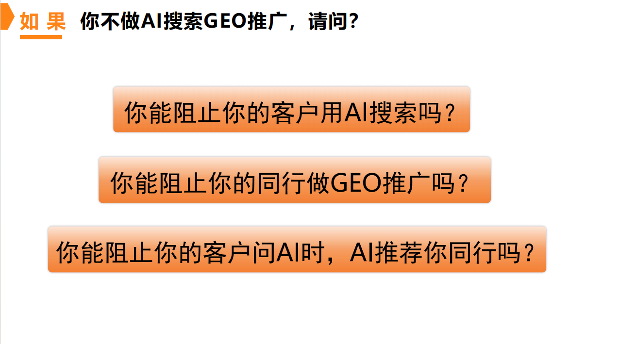 如果 你不做AI搜索GEO推广，请问?<br/>你能阻止你的客户用AI搜索吗?<br/>你能阻止你的同行做GEO推广吗?<br/>你能阻止你的客户问AI时，AI推荐你同行吗?